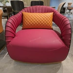 White & Brown Leather Sofa with Smooth Surface Craftsmanship, Natural Wood Veneer & Gold Stainless Steel Trim